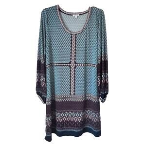 Max Studio Shift Dress Womens Large Blue Brown Geometric Hippie Boho Lightweight